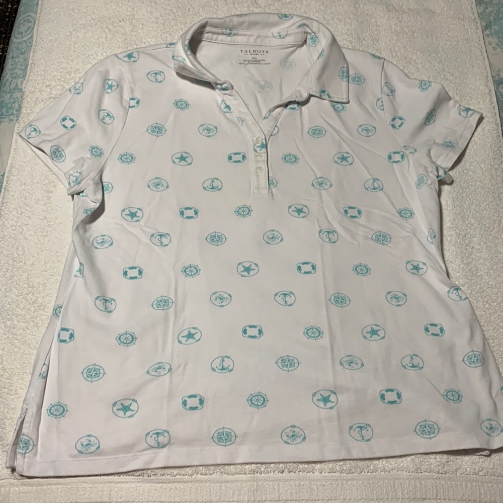 Talbots Nautical Polo Shirt, Size XLP, White/Aqua